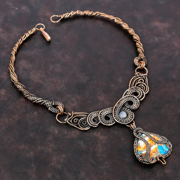 Spiny Oyster Copper Turquoise Heart Orange Handmade Copper Wire Wrapped Necklace