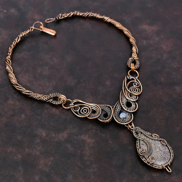 Dinosaur Bone Pear Brown Handmade Copper Wire Wrapped Necklace