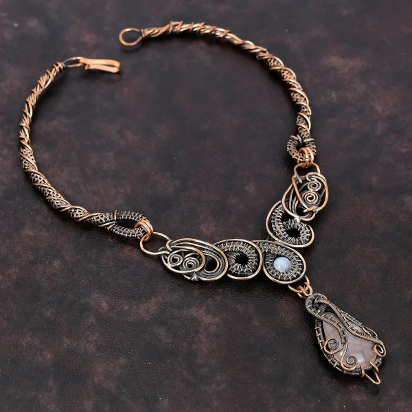 Rose Quartz Pear Pink Handmade Copper Wire Wrapped Necklace
