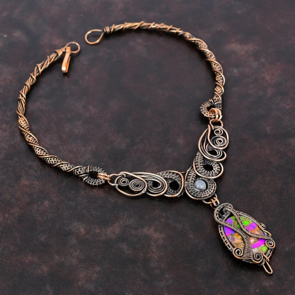 Fiesta Kingman Turquoise Oval Purple Handmade Copper Wire Wrapped Necklace