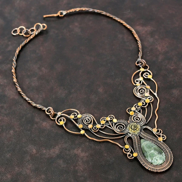 Seraphinite Pear Green Handmade Copper Wire Wrapped Necklace