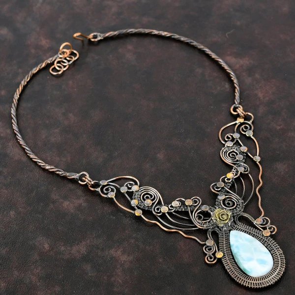 Larimar Pear Blue Handmade Copper Wire Wrapped Necklace