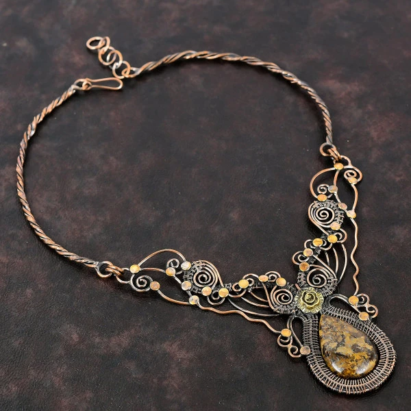 Bronzite Pear Brown Handmade Copper Wire Wrapped Necklace