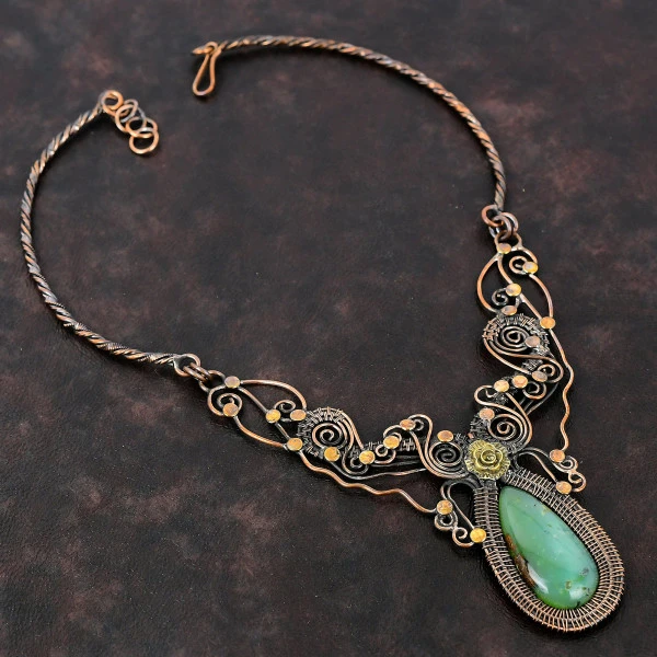 Chrysoprase Pear Green Handmade Copper Wire Wrapped Necklace