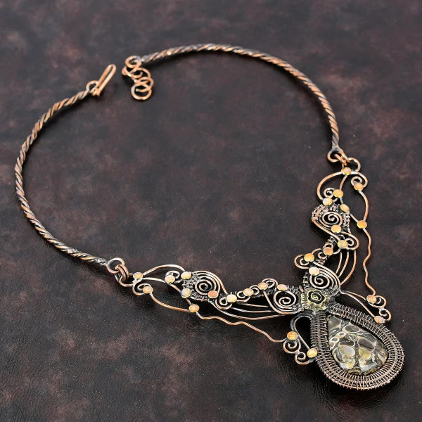 Turritella Agate Pear Brown Handmade Copper Wire Wrapped Necklace