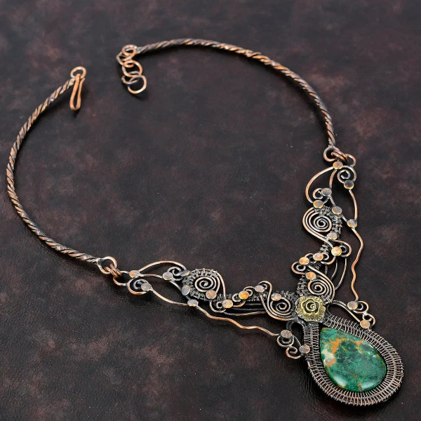 Cuprite Chrysocolla Pear Green Handmade Copper Wire Wrapped Necklace