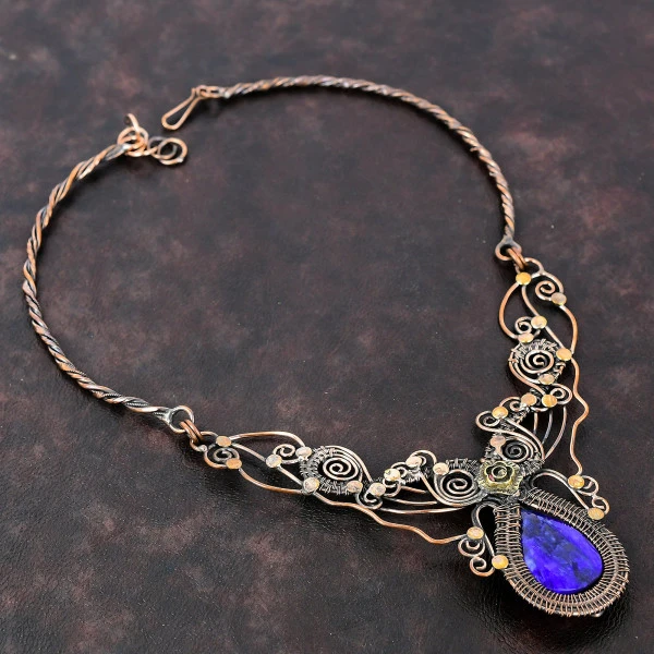 Blue Sapphire Pear Blue Handmade Copper Wire Wrapped Necklace