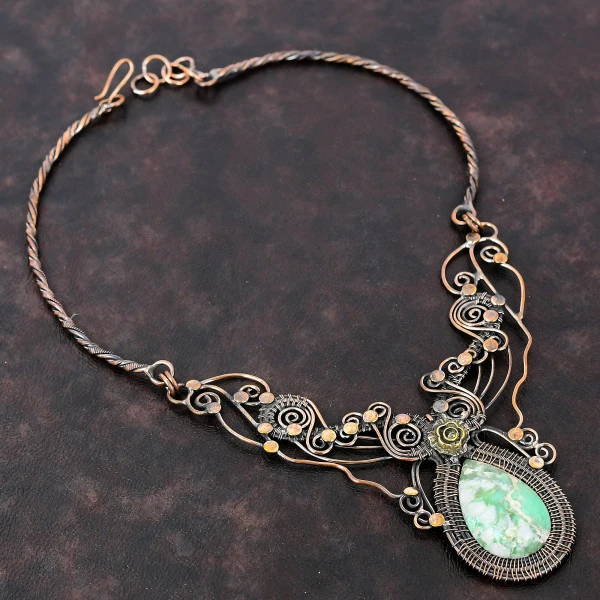 Variscite Pear Green Handmade Copper Wire Wrapped Necklace