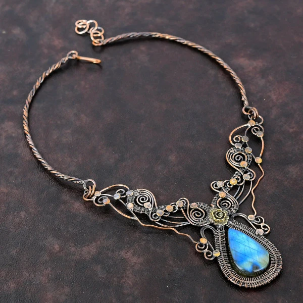 Labradorite Pear Blue Handmade Copper Wire Wrapped Necklace