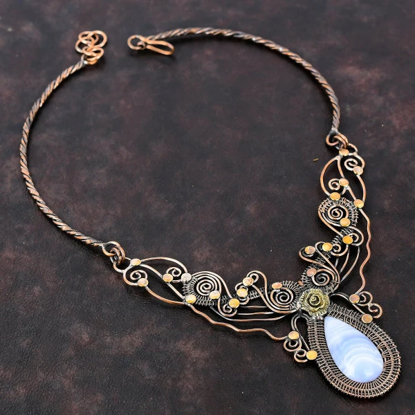 Blue Lace Agate Pear Blue Handmade Copper Wire Wrapped Necklace