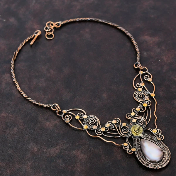 Mother Of Pearl Pear Black Handmade Copper Wire Wrapped Necklace