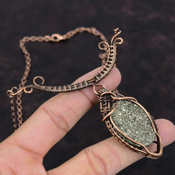 Golden Druzy Oval Gold Handmade Copper Wire Wrapped Necklace