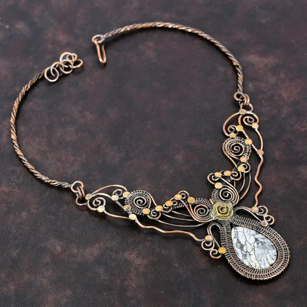 Pinolith Jasper Pear Black Handmade Copper Wire Wrapped Necklace