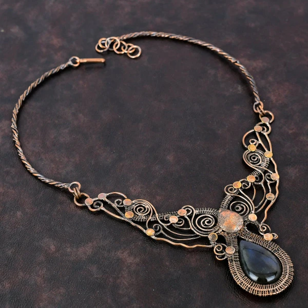 Labradorite Pear Blue Handmade Copper Wire Wrapped Necklace