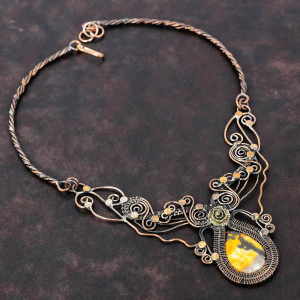 Bumble Bee Jasper Pear Yellow Handmade Copper Wire Wrapped Necklace