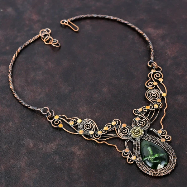 Australian Chrome Chalcedony Pear Green Handmade Copper Wire Wrapped Necklace