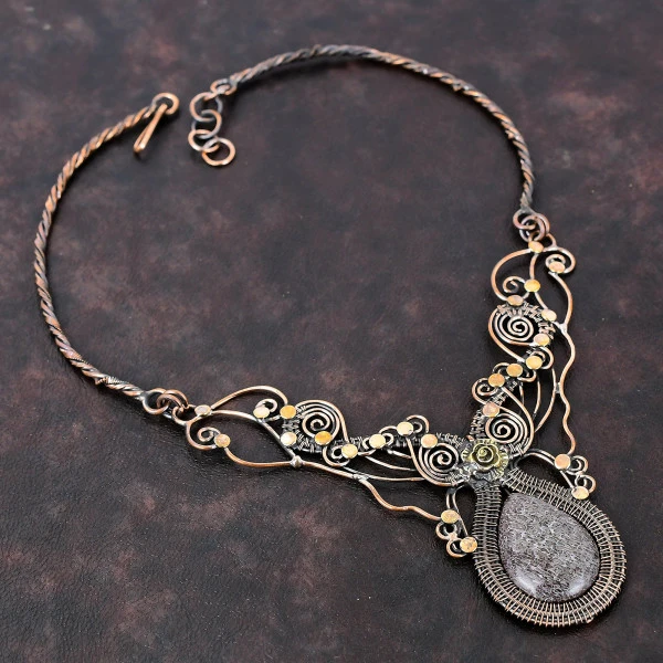 Dinosaur Bone Pear Brown Handmade Copper Wire Wrapped Necklace