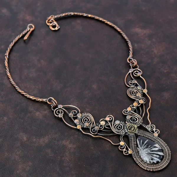 Chrysanthemum Pear Black Handmade Copper Wire Wrapped Necklace