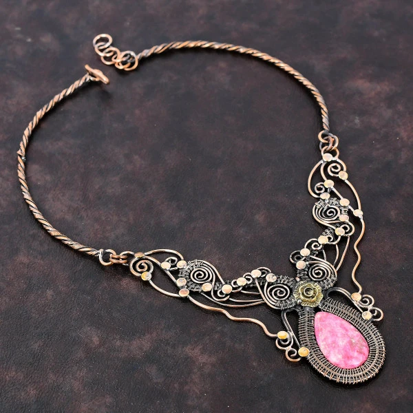 Thulite Pear Pink Handmade Copper Wire Wrapped Necklace