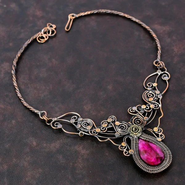 Kashmir Ruby Pear Red Handmade Copper Wire Wrapped Necklace