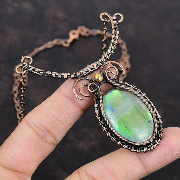 Rainbow Mystic Opal Oval White Handmade Copper Wire Wrapped Necklace