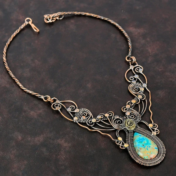 Shattuckite Pear Green Handmade Copper Wire Wrapped Necklace