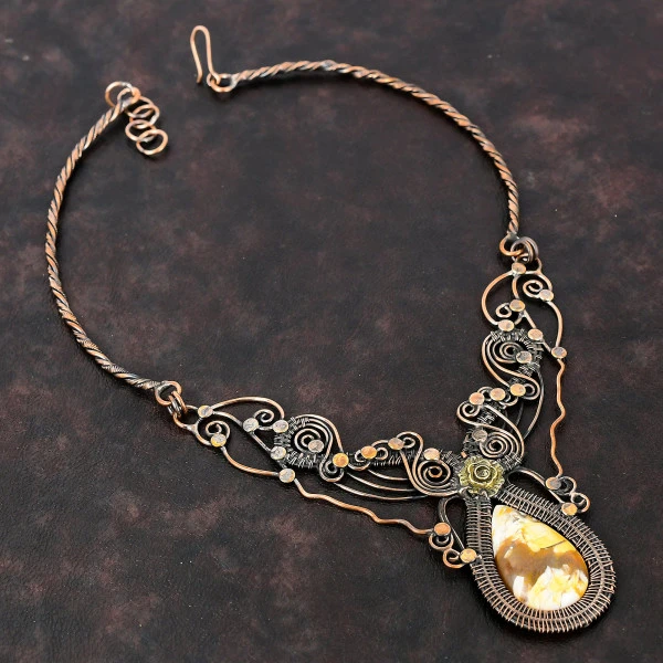 Brecciated Mookaite Pear Yellow Handmade Copper Wire Wrapped Necklace
