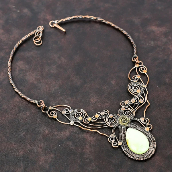 Lemon Chrysoprase Pear Green Handmade Copper Wire Wrapped Necklace