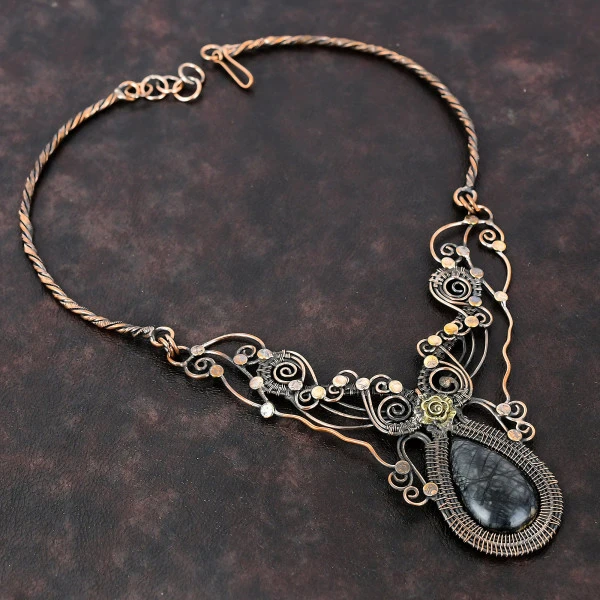 Picasso Jasper Pear Black Handmade Copper Wire Wrapped Necklace