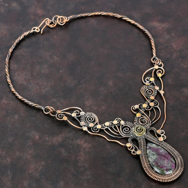 Eudialyte Pear Pink Handmade Copper Wire Wrapped Necklace