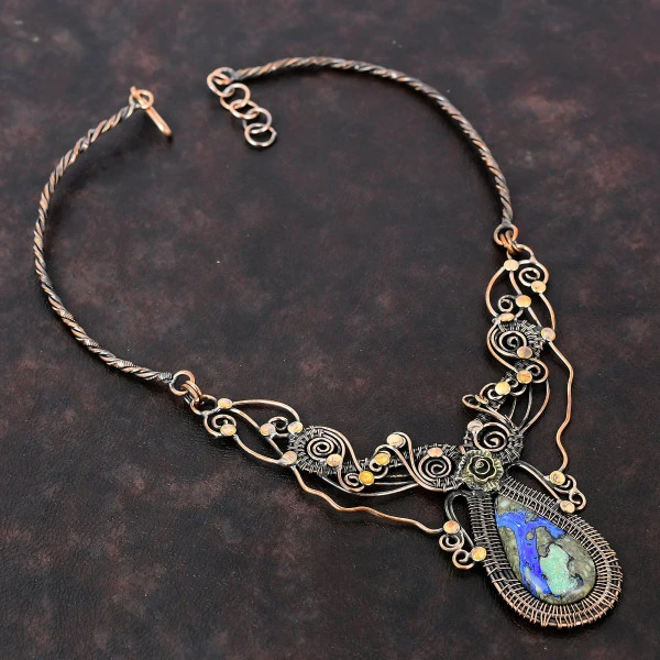 Azurite Malachite Pear Blue Handmade Copper Wire Wrapped Necklace