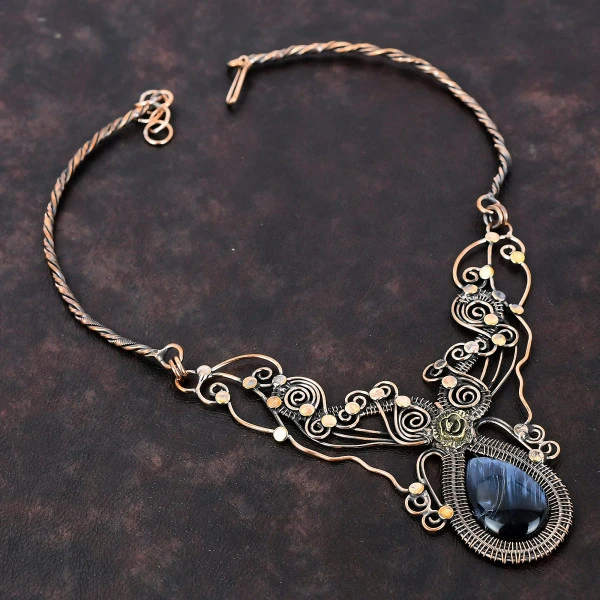 Pietersite Pear Gray Handmade Copper Wire Wrapped Necklace