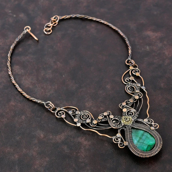 Zambian Emerald Pear Green Handmade Copper Wire Wrapped Necklace