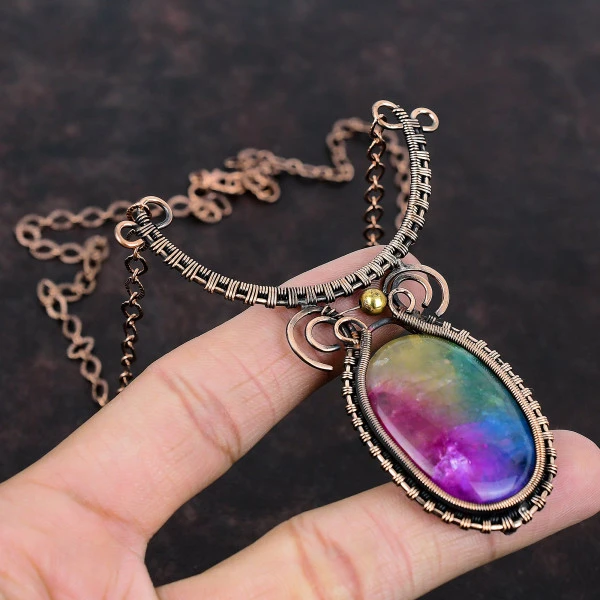 Rainbow Solar Quartz Druzy Oval White Handmade Copper Wire Wrapped Necklace