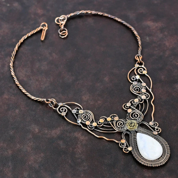 Rainbow Moonstone Pear White Handmade Copper Wire Wrapped Necklace