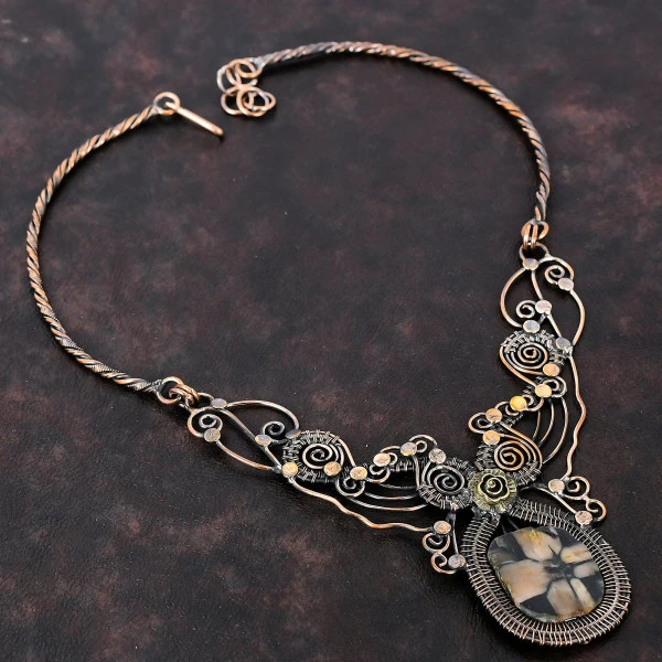 Chiastolite Pentagon Brown Handmade Copper Wire Wrapped Necklace