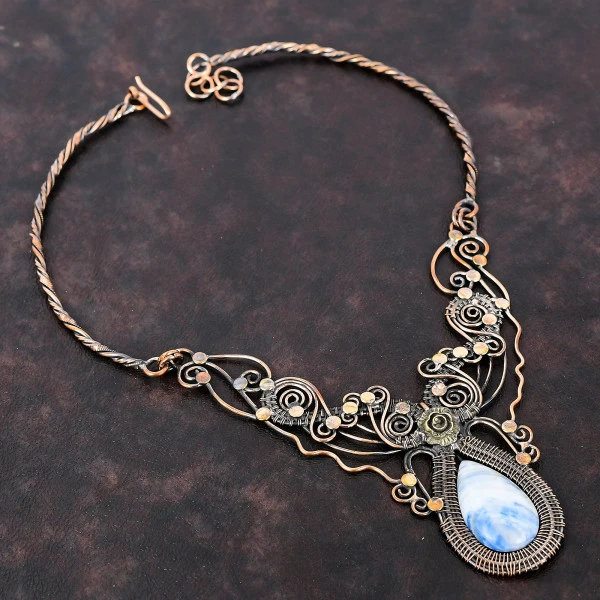 Blue Scheelite Pear Blue Handmade Copper Wire Wrapped Necklace