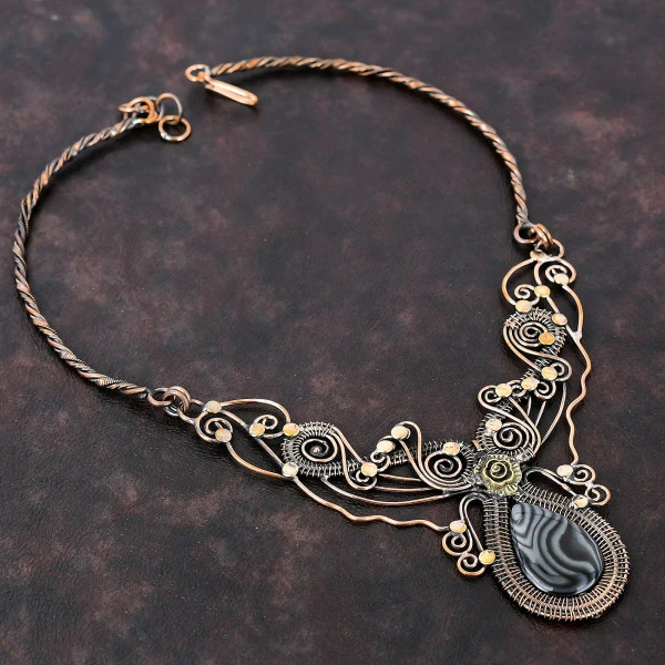 Psilomelane Pear Black Handmade Copper Wire Wrapped Necklace