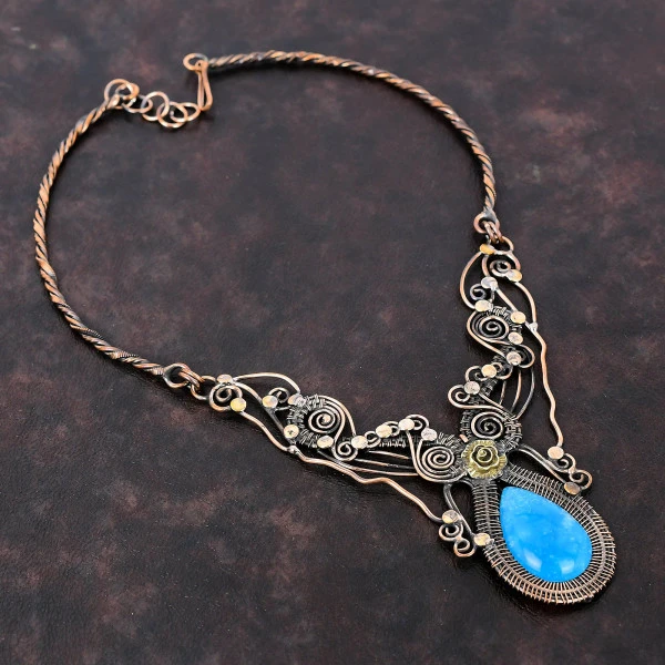 Smithsonite Pear Blue Handmade Copper Wire Wrapped Necklace