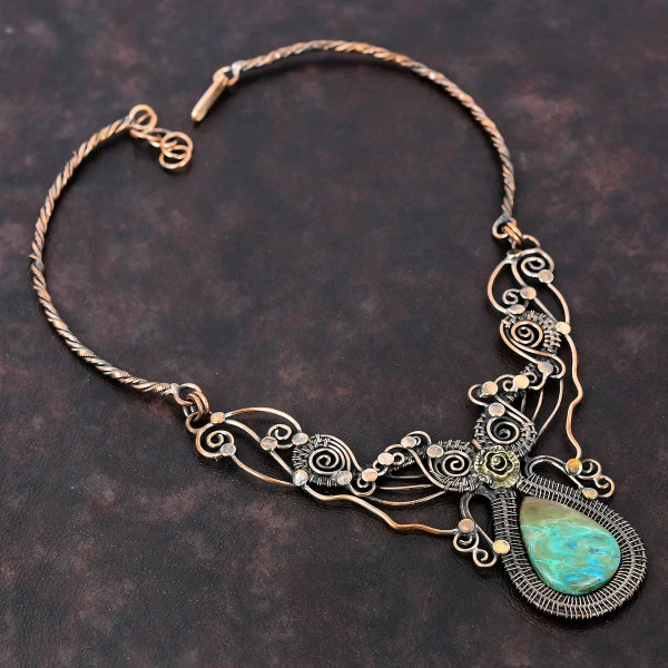 Chrysocolla Pear Green Handmade Copper Wire Wrapped Necklace