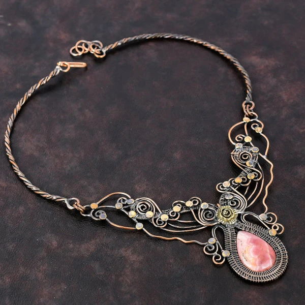 Rhodochrosite Pear Pink Handmade Copper Wire Wrapped Necklace
