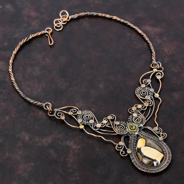 Peanut Wood Jasper Pear Brown Handmade Copper Wire Wrapped Necklace