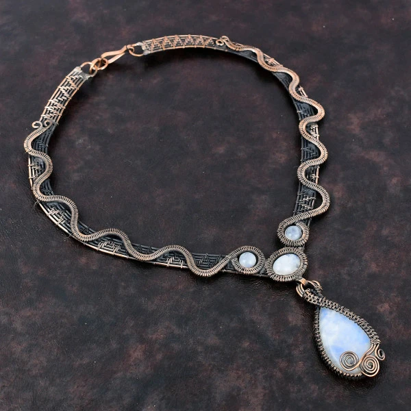Rainbow Moonstone Pear White Handmade Copper Wire Wrapped Necklace