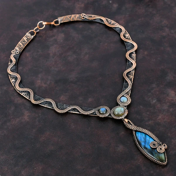 Labradorite Marquise Blue Handmade Copper Wire Wrapped Necklace