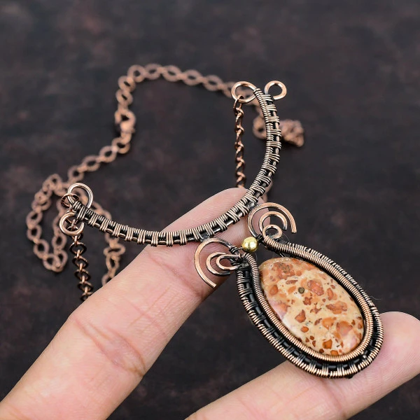 Asteroid Jasper Oval Red Handmade Copper Wire Wrapped Necklace