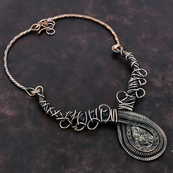 Turritella Agate Pear Black Handmade Copper Wire Wrapped Necklace