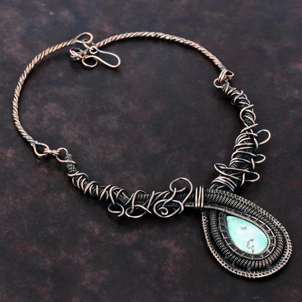 Variscite Pear Green Handmade Copper Wire Wrapped Necklace