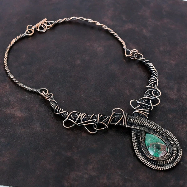 Cuprite Chrysocolla Pear Green Handmade Copper Wire Wrapped Necklace
