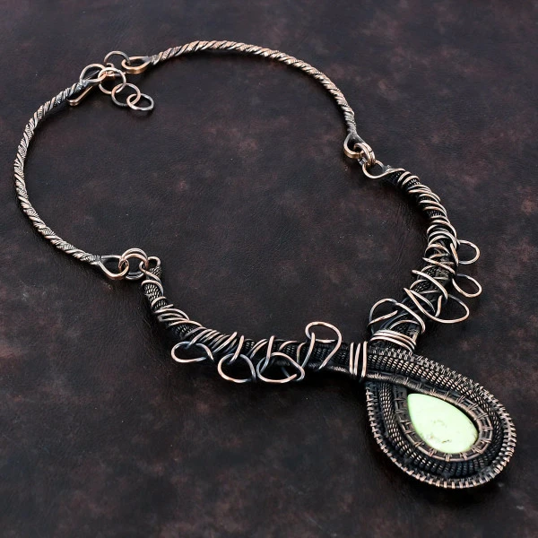 Lemon Chrysoprase Pear Green Handmade Copper Wire Wrapped Necklace
