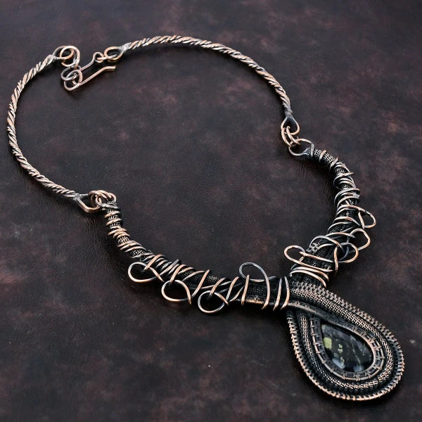 Picasso Jasper Pear Black Handmade Copper Wire Wrapped Necklace